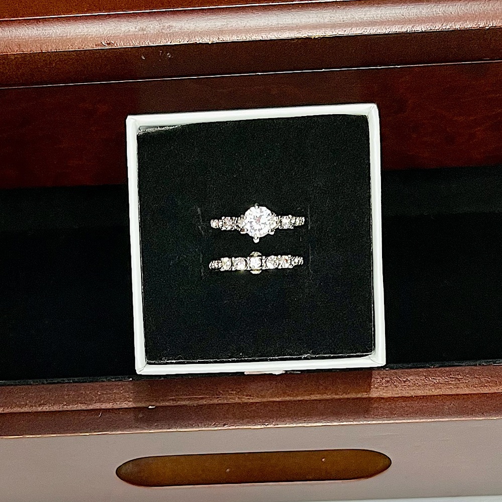 Vintage-Inspired CZ Ring Set - Silver-Tone Engagement & Wedding Band | Size 6